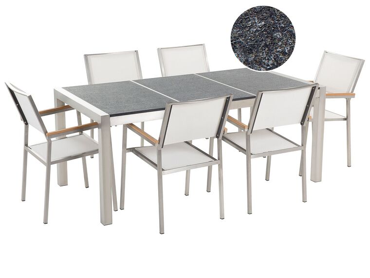 Hatszemélyes fekete égetett gránit étkezőasztal fehér textilén székekkel GROSSETO_395777