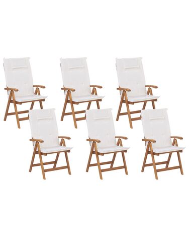 Zestaw 6 krzeseł ogrodowych składany drewno akacjowe z poduszkami kremowymi JAVA