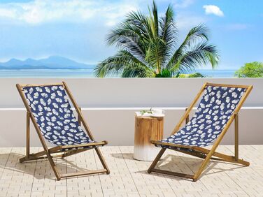Set of 2 Acacia Folding Deck Chairs and 2 Replacement Fabrics Light Wood with Off-White / Navy Blue Floral Pattern ANZIO