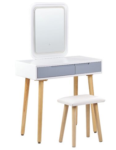 Coiffeuse blanc et gris avec 2 tiroirs un miroir à LED et un tabouret DIEPPE