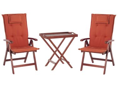 Set de terrasse table et 2 chaises en bois / coussins rouges TOSCANA