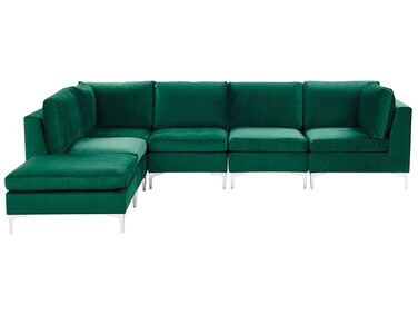 Canapé angle modulable côté droit en velours vert 5 places avec pouf EVJA