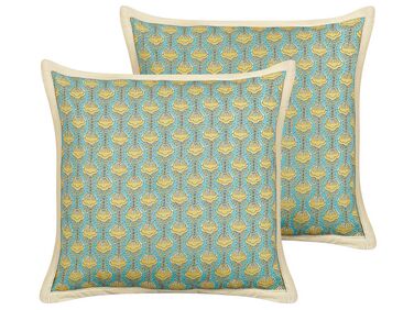 Set of 2 Cotton Cushions Flower Pattern 45 x 45 cm Blue and Yellow WAKEGI