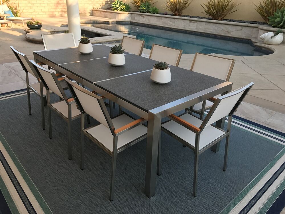 Outdoor Dining Set For 8 Black Granite Top White Chairs Tulius