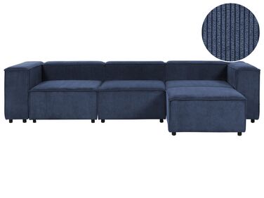 Kombinálható háromszemélyes kék kordbársony kanapé ottománnal APRICA