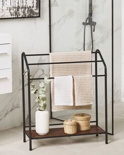 Pyyheteline hyllyllä musta / tumma puu 72 x 85 cm MURIVA Pyyheteline hyllyllä musta / tumma puu 72 x 85 cm MURIVA