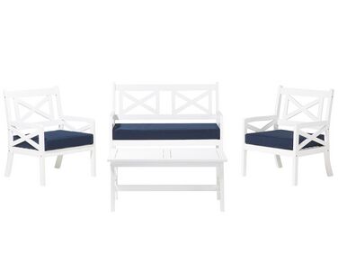 Biela záhradná súprava stôl so stoličkami a lavica s modrými vankúšmi BALTIC
