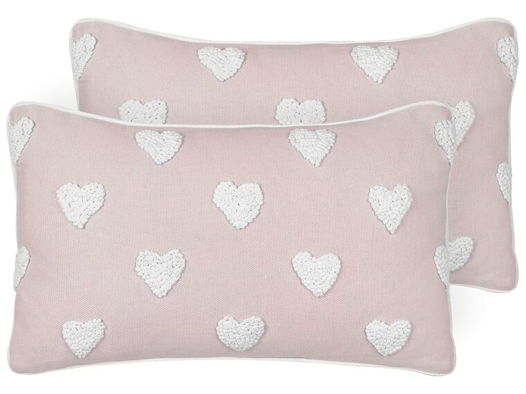 Set of 2 Cotton Cushions Embroidered Hearts 30 x 50 cm Pink GAZANIA_893201