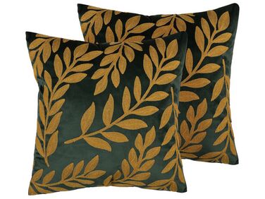 Set of 2 Velvet Cushions Leaf Pattern 45 x 45 cm Emerald Green MISTLETOE