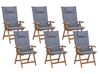 Set of 6 Acacia Wood Garden Folding Chairs with Blue Cushions JAVA_788405