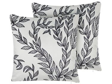 Set of 2 Velvet Cushions Leaf Pattern 45 x 45 cm White and Black CUPHEA 