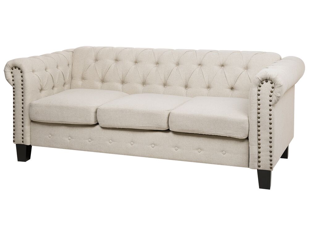 3 Seater Fabric Sofa Nailhead Trim Beige CHESTERFIELD Beliani.co.uk