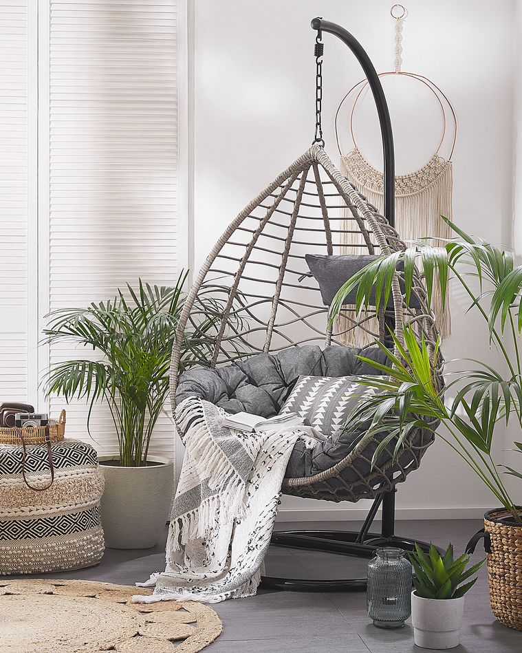 PE Rattan Hanging Chair with Stand Grey ARSITA Beliani.co.uk