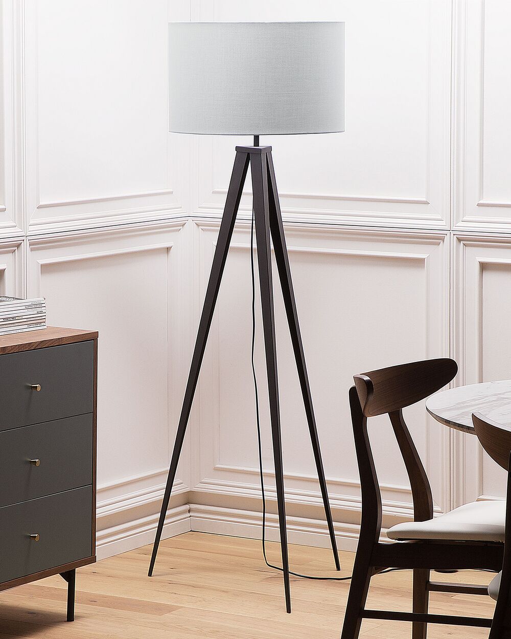 Grey Tripod Floor Lamps Uk - Rural Wood Floor Lamp With Gray Shade