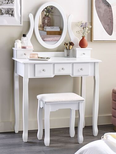 5 Drawer Dressing Table with Oval Mirror and Stool White GALAXIE
