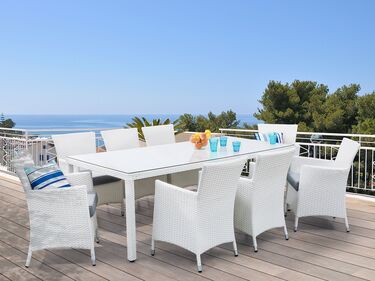 Hagemøbelsett rotting bord og 8 stoler hvit ITALY