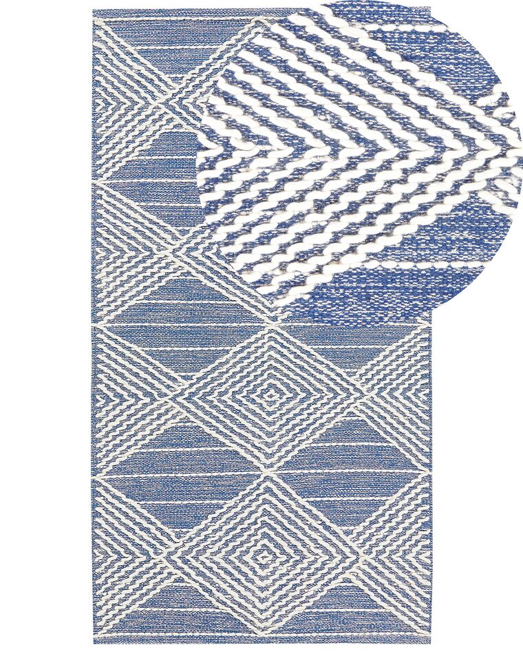 Teppich Wolle beige / blau 80 x 150 cm geometrisches Muster Kurzflor DATCA_830994