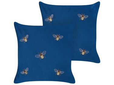 Set of 2 Embroidered Velvet Cushions Bees Motif 45 x 45 cm Blue TALINUM 
