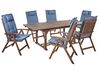 Conjunto de refeição de jardim 6 lugares em madeira de acácia e almofadas azuis AMANTEA_880384