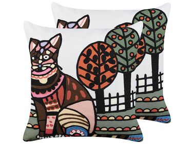 Set of 2 Embroidered Cotton Cushions Cat Motif 50 x 50 cm Multicolour MEHSANA