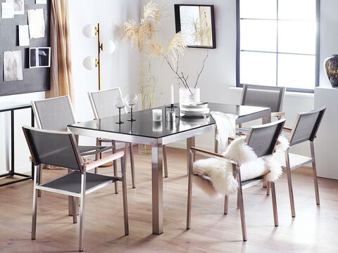 6 Seater Garden Dining Set Black Granite Top With Grey Chairs Grosseto Beliani No 6 Seater Garden Dining Set Black, Granite Round Table And Chairs
