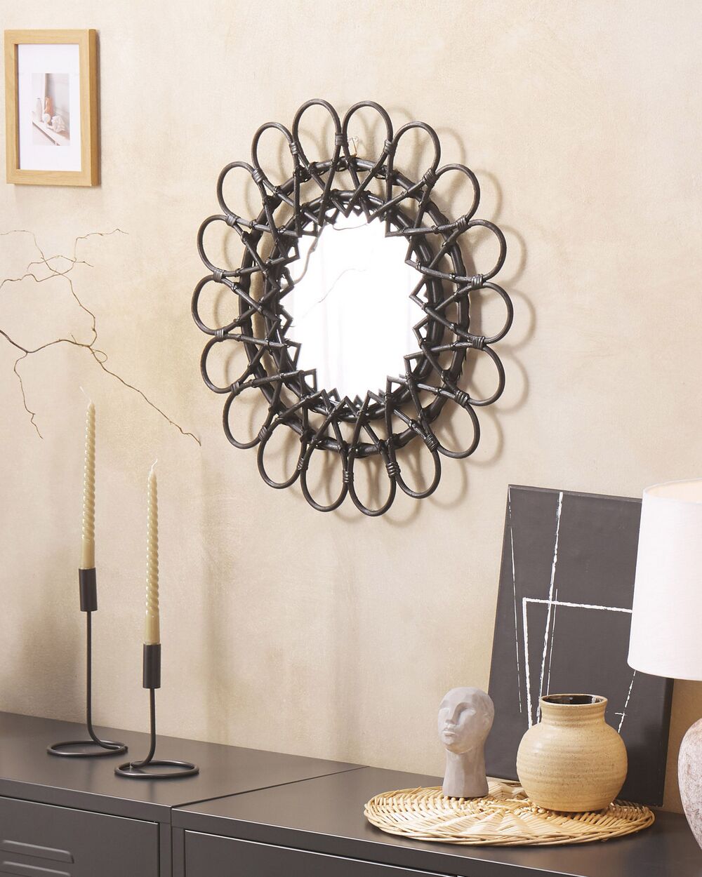 Specchio da parete rotondo rattan nero ⌀ 60 cm BABAI 