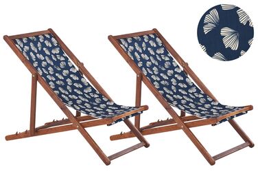 Set di 2 sedie a sdraio legno acacia scuro motivo farfalle beige e blu marino ANZIO