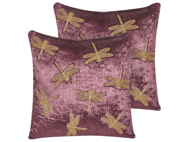 Set of 2 Embroidered Velvet Cushions Dragonfly Motif 45 x 45 cm Purple DAYLILY_892723