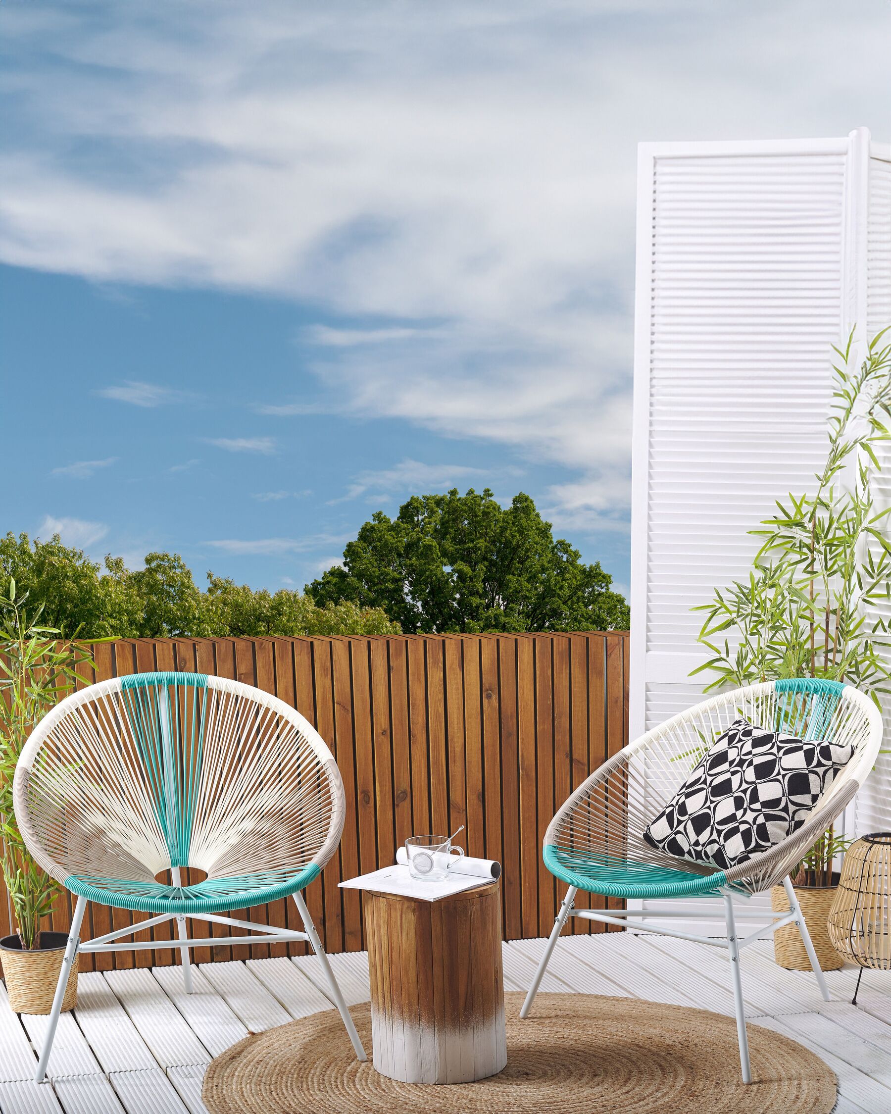 Rattanstuhl Kunststoff weiß / beige / türkis 2er Set ø 76 cm ACAPULCO