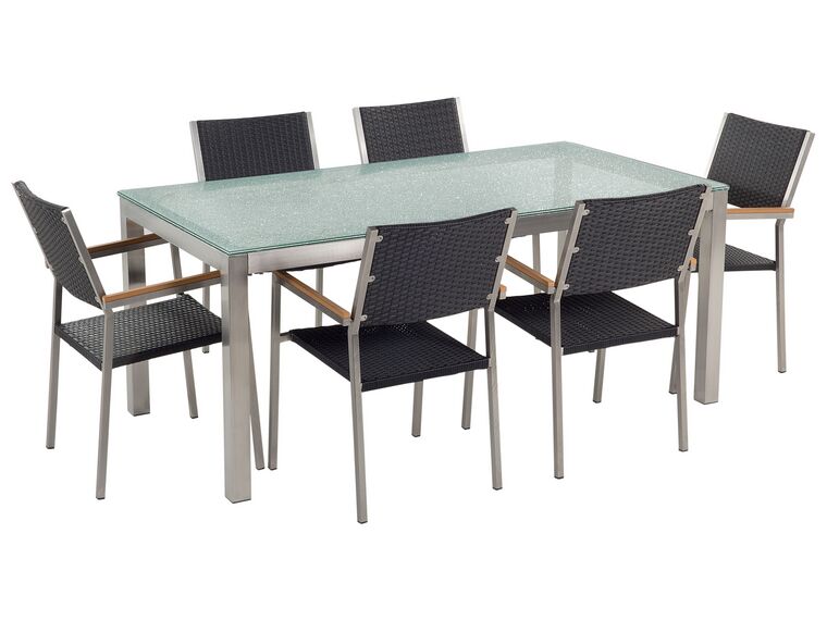 Ensemble table en verre effet brisé avec 6 chaises en rotin noir GROSSETO_725093