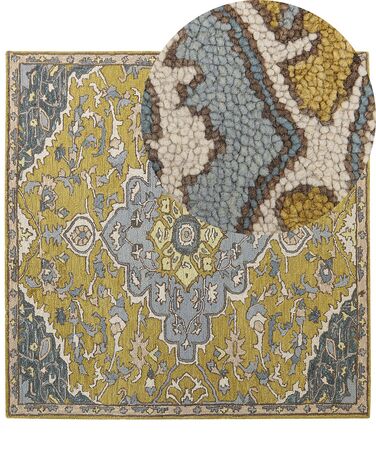 Teppich Wolle gelb / blau 200 x 200 cm orientalisches Muster Kurzflor MUCUR