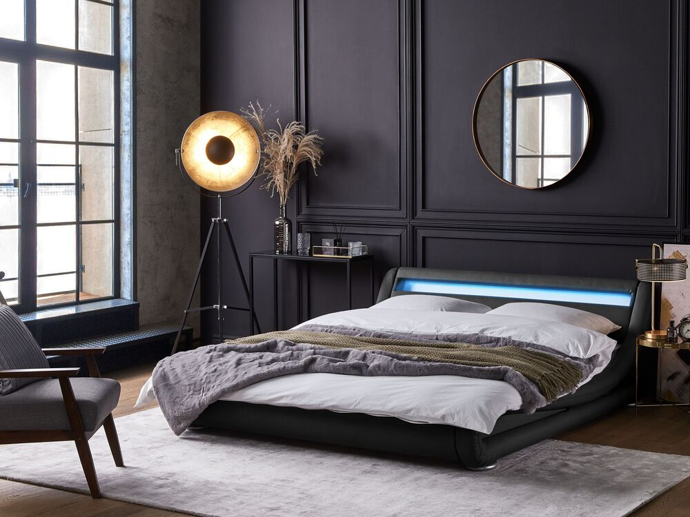 faux leather eu super king bed with led black avignon beliani co uk
