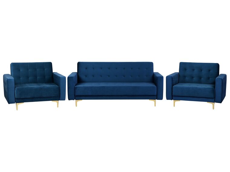 Ensemble canapé et fauteuils en velours bleu marine 5 places ABERDEEN_752543