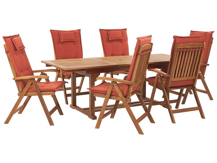 6 Seater Acacia Wood Garden Dining Set with Red Cushions JAVA_787737