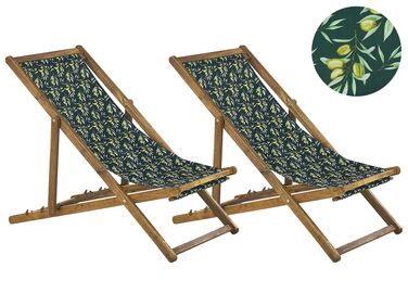 Set of 2 Acacia Folding Deck Chairs and 2 Replacement Fabrics Light Wood with Off-White / Olives Pattern ANZIO