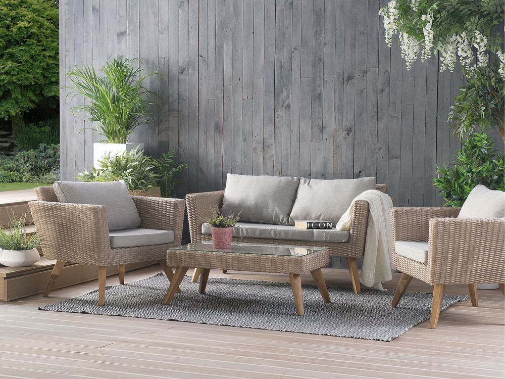 Lounge Set Rattan Braun 4 Sitzer Auflagen Grau Vittoria Beliani De Gartenmöbel Set Rattan Braun