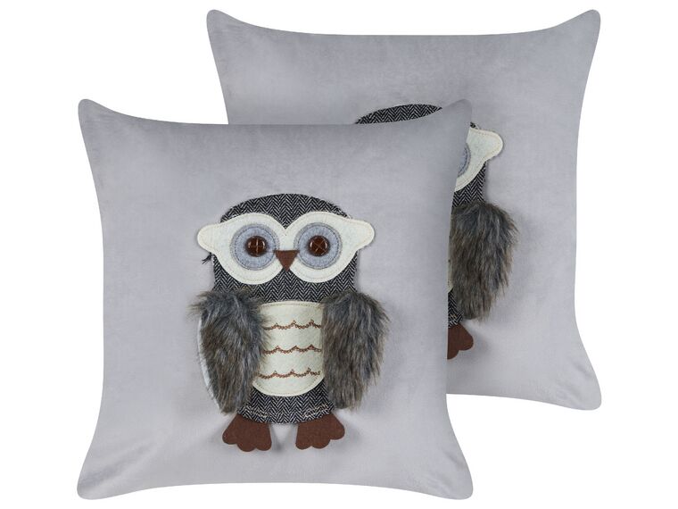 Set of 2 Velvet Kids Cushions Owl Motif 45 x 45 cm Grey OPHRYS_879403