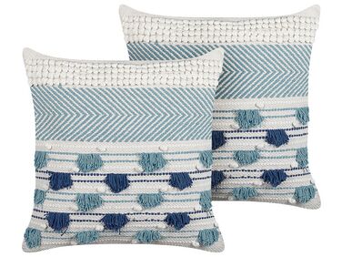 Conjunto de 2 almofadas decorativas em algodão branco e azul com borlas 45 x 45 cm DATURA