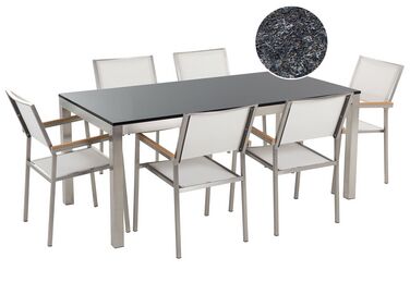 Conjunto de jardín mesa con tablero de piedra natural pulida negra 180 cm, 6 sillas de tela blanca GROSSETO