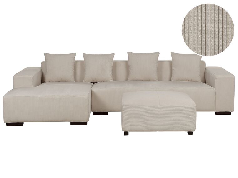Right Hand Jumbo Cord Corner Sofa with Ottoman Beige LUNGO_898498