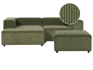 Kombinálható kétszemélyes jobb oldali zöld kordbársony kanapé ottománnal APRICA