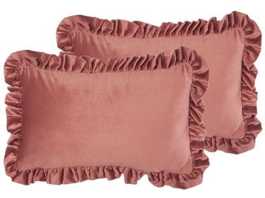 Set of 2 Velvet Cushions with Ruffles 30 x 50 cm Pink KALANCHOE