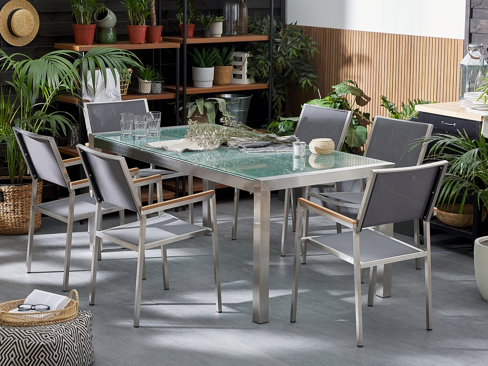 Set tavolo e sedie da giardino in vetro temperato nero e fibra