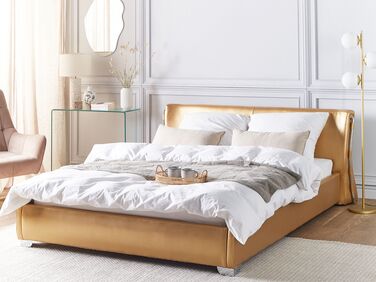 Leather EU King Size Bed with LED Gold PARIS