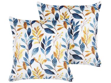 Set of 2 Velvet Cushions Leaf Pattern 45 x 45 cm Yellow and Blue CATTLEYA
