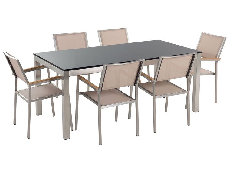 Table de jardin plateau granit noir poli 180 cm 6 chaises textile beige GROSSETO_430502