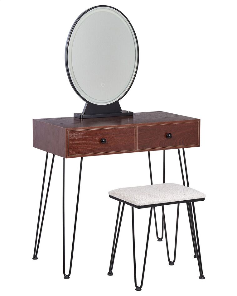 Toaletka 2 szuflady lustro LED ze stołkiem ciemne drewno z czarnym LOIX_845485