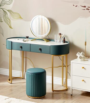 2 Drawers Dressing Table with LED Mirror and Pouffe Dark Green and Gold VINAX
