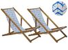 Set of 2 Acacia Folding Deck Chairs and 2 Replacement Fabrics Light Wood with Off-White / White and Blue Pattern ANZIO_800488