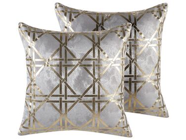 Set of 2 Cushions Geometric Pattern 45 x 45 cm Grey with Gold CASSIA